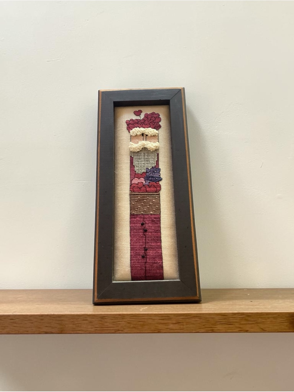 Framed Burgundy Folk Art Santa Cross-Stitch Wall Hanging